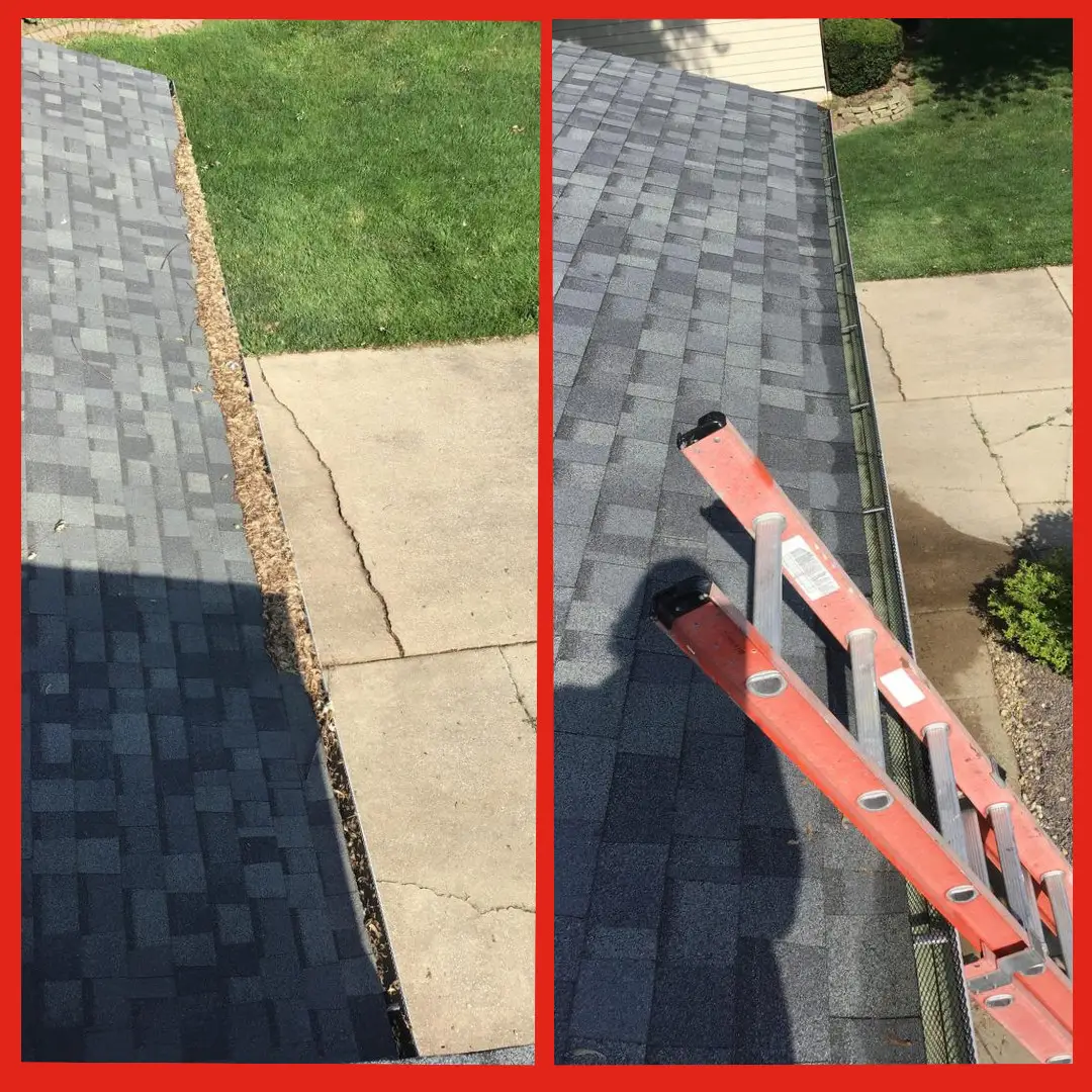 A residential roof with gutters that are full of leaves and a second image of the same roof with clean gutters and a ladder set up to provide access for gutter cleaning.