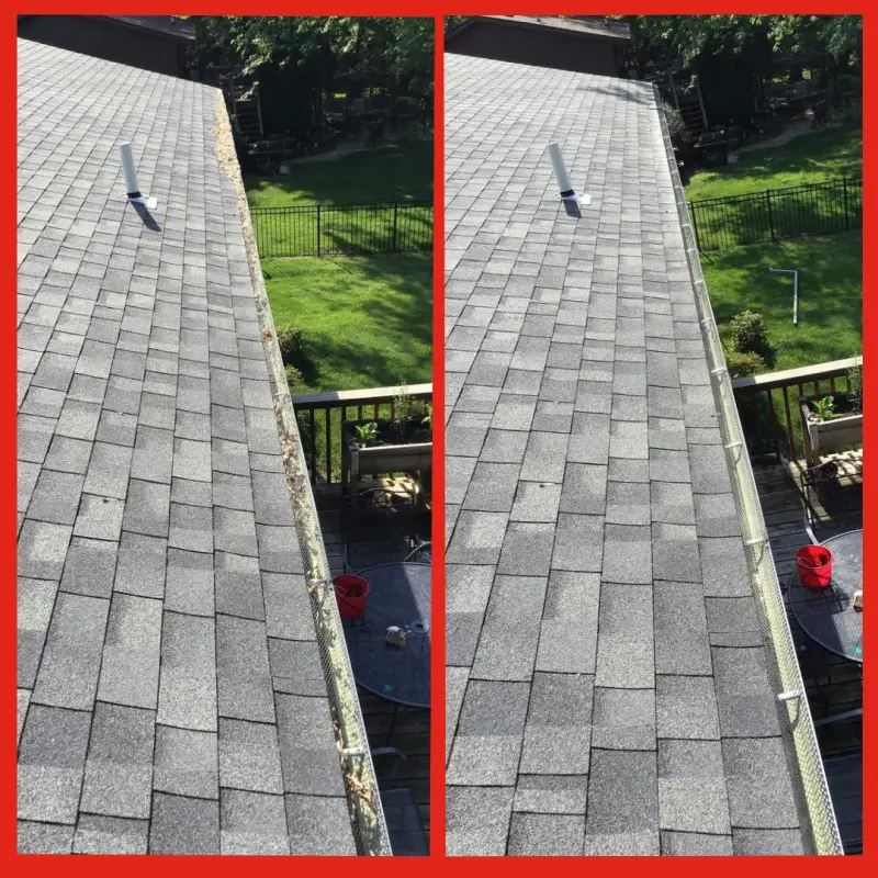 Before and after images of gutters along a residential property with leaves that have been cleared away by Mr. Handyman.