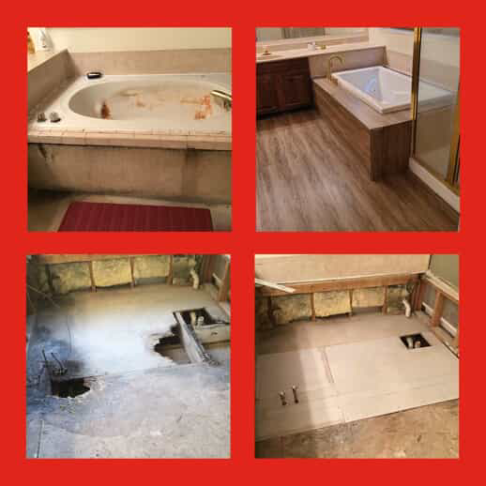  A bathroom with a damaged, rusty tub and ruined subfloor, and the same bathroom after the tub and flooring have been replaced by Mr. Handyman.