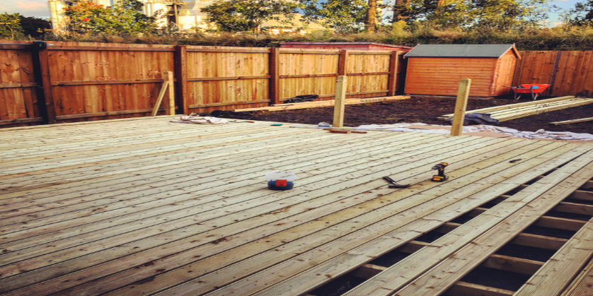 A partially constructed outdoor deck.