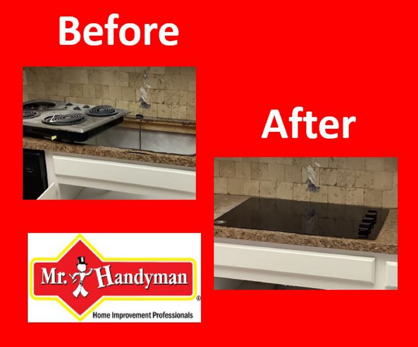 An old kitchen cooktop being removed from a countertop and the new replacement cooktop after it has been installed by Mr. Handyman.