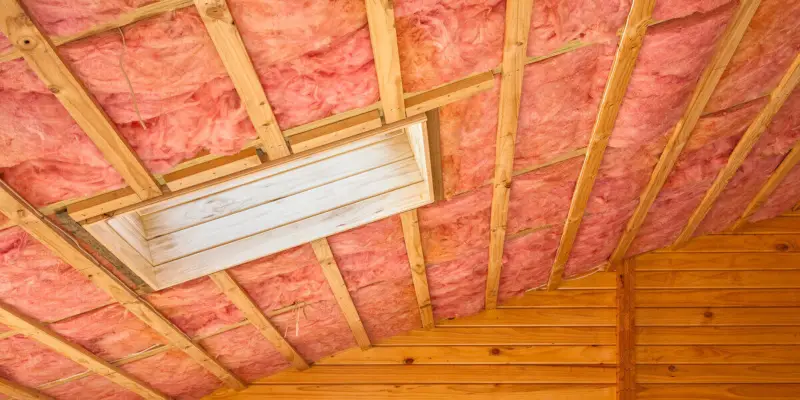 Pink attic insulation lining the ceiling of an attic in a Frisco home.