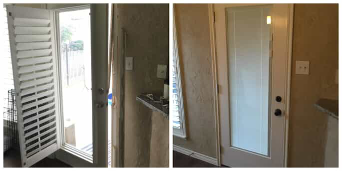  A door with a cracked frame before and after the frame has been repaired by Mr. Handyman.
