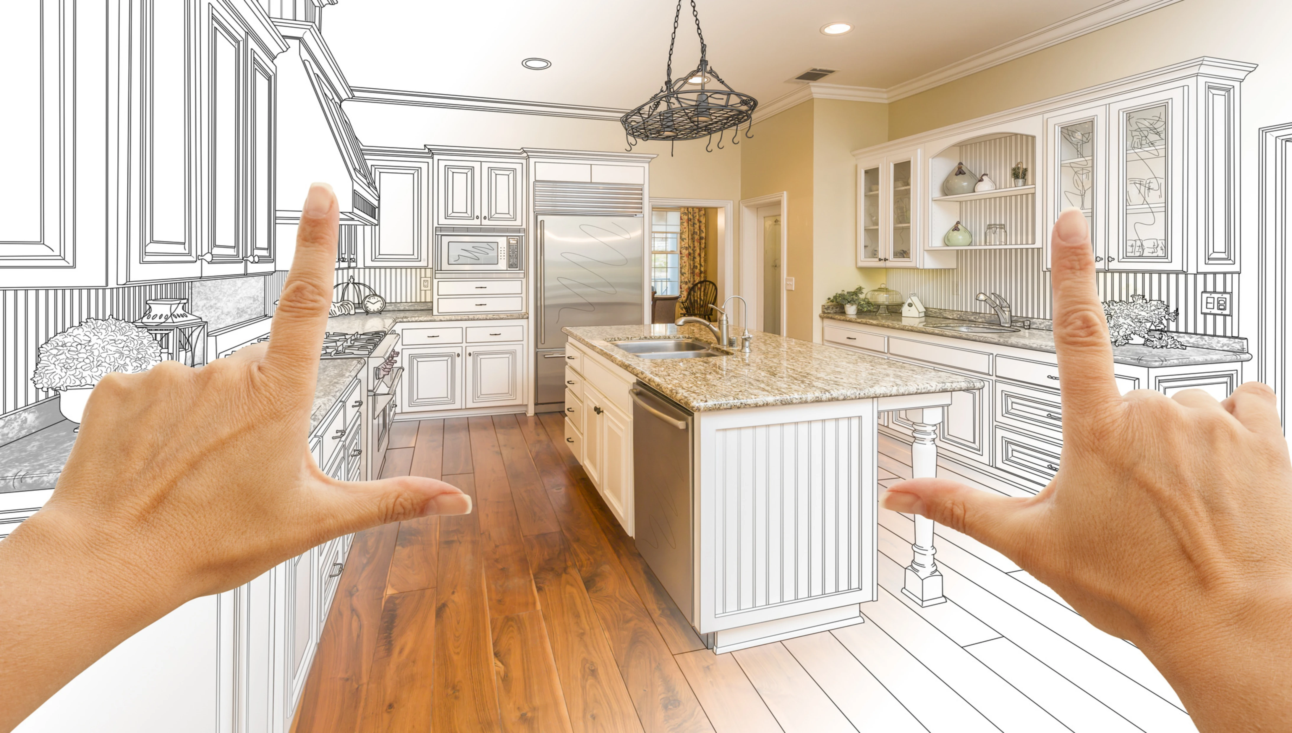 Person's hands with forefingers and thumbs extended, forming a rectangle through which a kitchen is visible, with parts appearing as line drawings and parts as photos.
