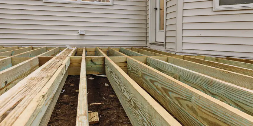 The exposed structure of a front porch before its top boards are replaced during an appointment for porch repair.