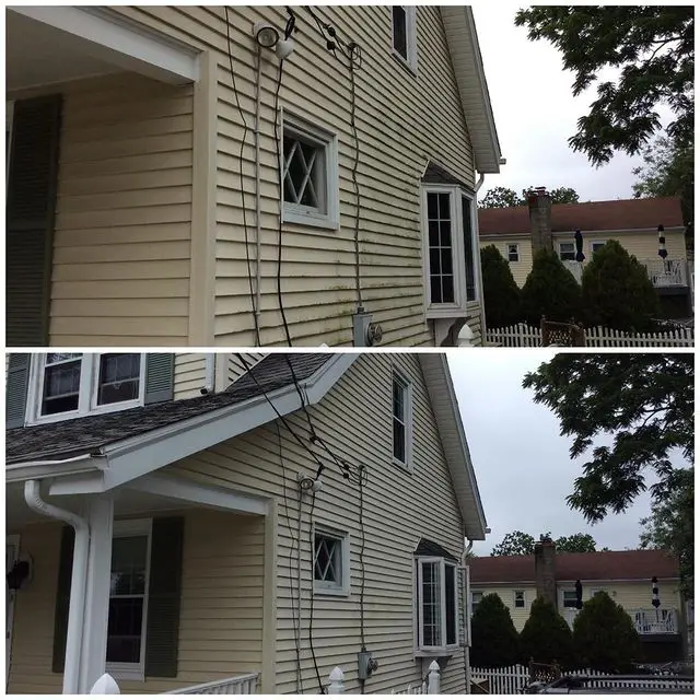 The old siding on a home before and after it has been repair and pressure washed by Mr. Handyman.