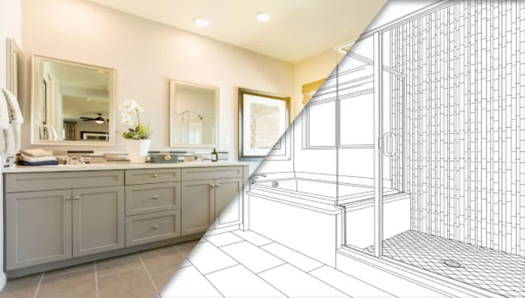 A side-by-side comparison of residential bathroom remodeling plans and the results of the completed bathroom remodel.