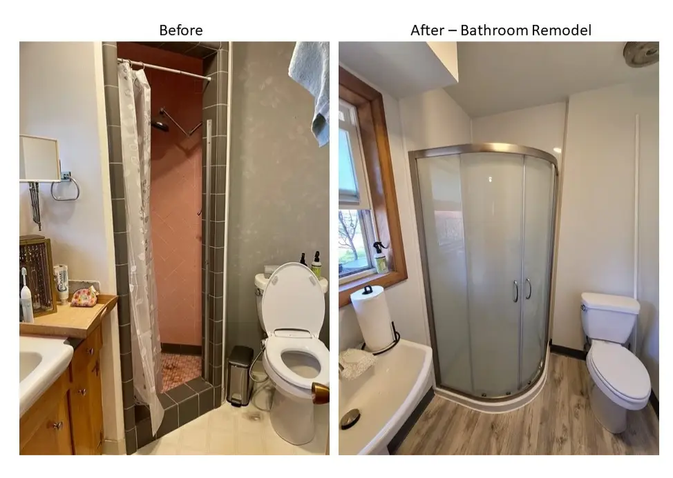 A shower remodel for a corner shower unit before and after it has been completed by Mr. Handyman.