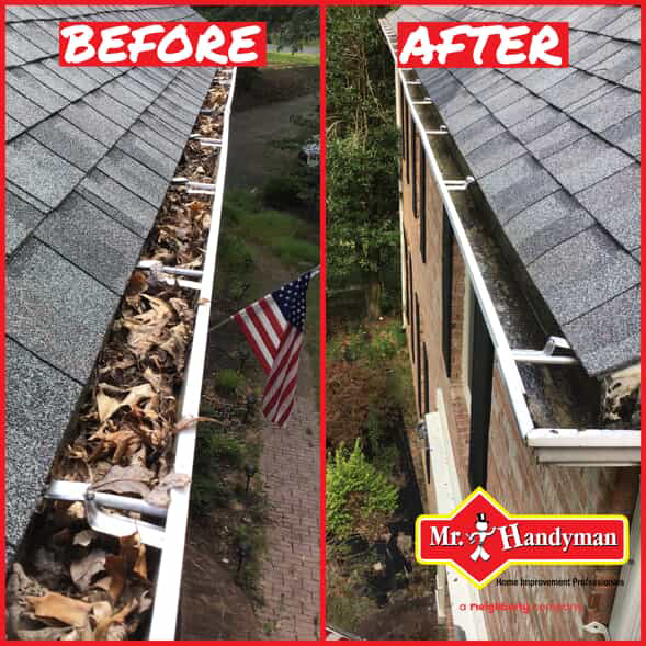 Gutters on a residential before and after the leaves inside have been cleared with gutter cleaning service from Mr. Handyman.