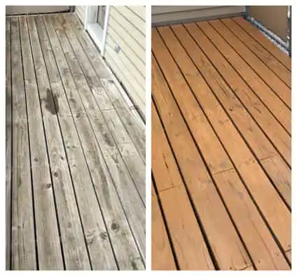 A comparison between the old, weathered boards and fresh, new boards of a deck before and after it has been refinished and repaired by Mr. Handyman.