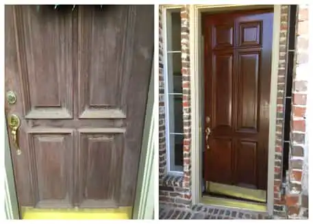 A weathered door and the results of the door repairs and refinishing completed by Mr. Handyman to restore its appearance.