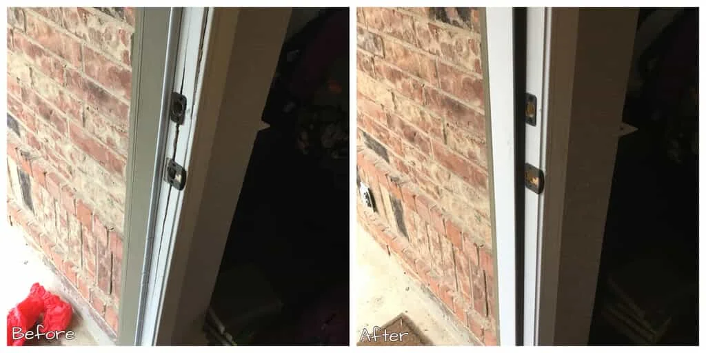 A cracked door frame before and after it has been repaired by Mr. Handyman.