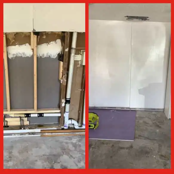 A section of a wall with missing drywall before and after drywall repairs and installation have been completed by Mr. Handyman.