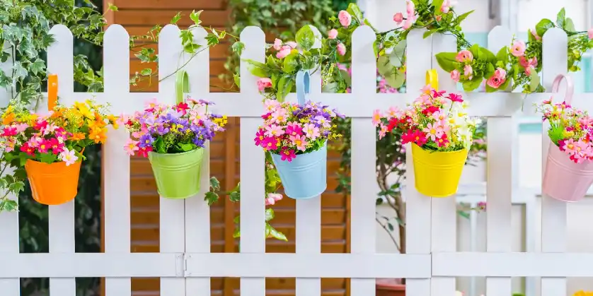 A new white picket fence with buckets of flowers hanging off the pickets.