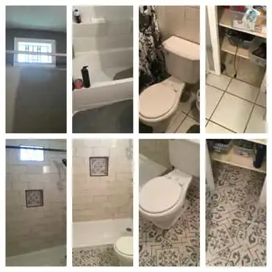 Multiple parts of a bathroom before and after it has been renovated with bathroom remodeling services from Mr. Handyman.