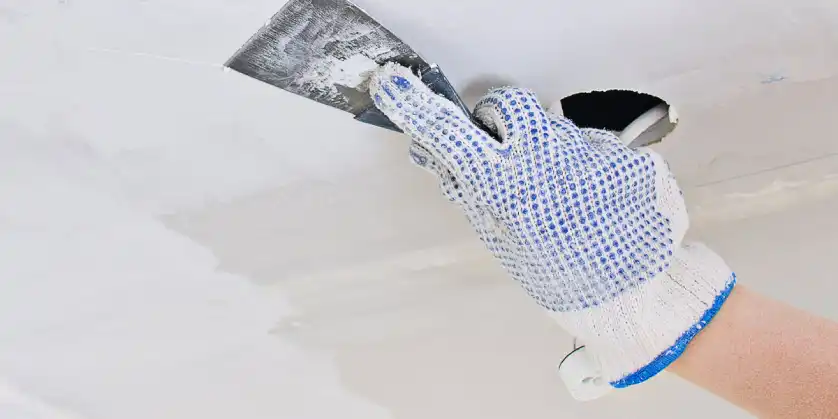 A handyman’s gloved hand as they use a putty knife to spread compound while finishing drywall repairs for a ceiling.