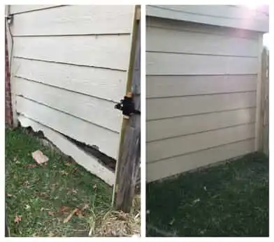 Damaged siding boards near the bottom of a home and the new, clean boards installed as replacements during a siding repair appointment with Mr. Handyman.