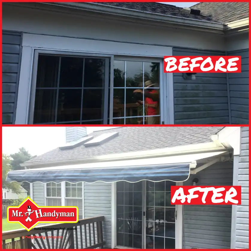 A sliding door on the side of a home before and after an awning has been installed above it by Mr. Handyman.