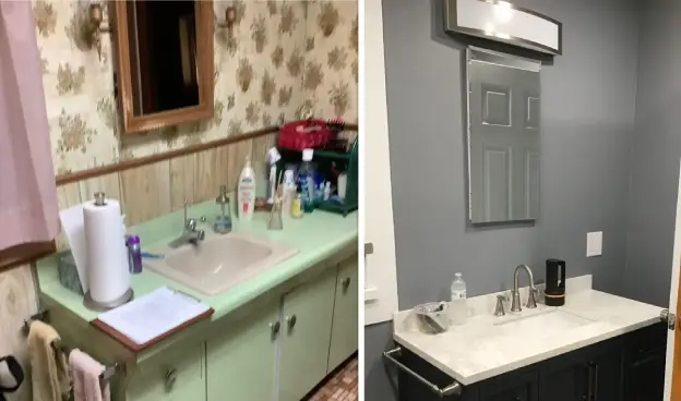 A side-by-side comparison of completed bathroom remodeling jobs, including vanity replacement, mirror installation, and lighting installation.
