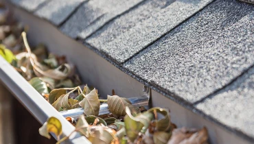 A section of gutters running along the roof of a home that is filled with leaves and overdue for gutter cleaning.