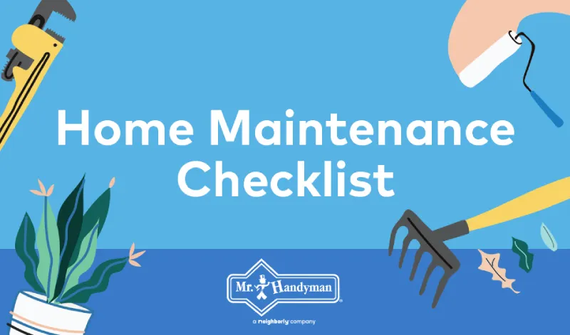 Home Maintenence Checklist in front of a blue background surrounded by clipart tools