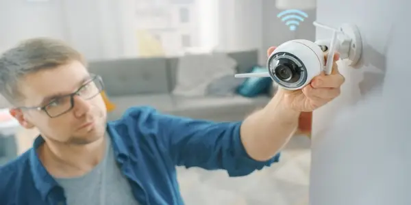 Young man in glasses and blue shirt adjusting a Wi-Fi surveillance camera on a wall at home.