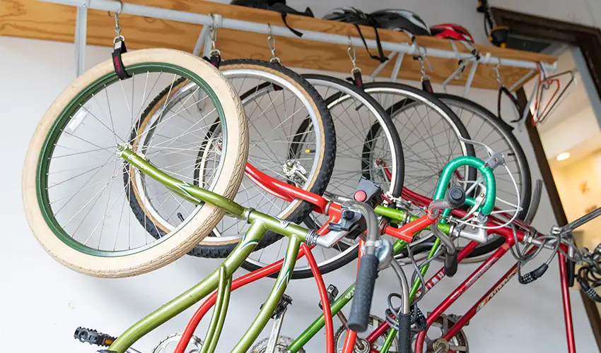 Bikes hanging in the garage.