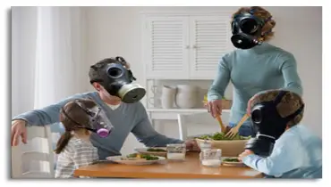 A family eating dinner in gas masks