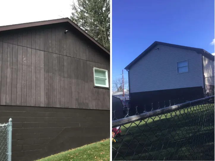 A building with old, wood siding and the new vinyl siding installed by Mr. Handyman to replace it. 
