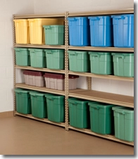 Neatly stacked garage storage bins