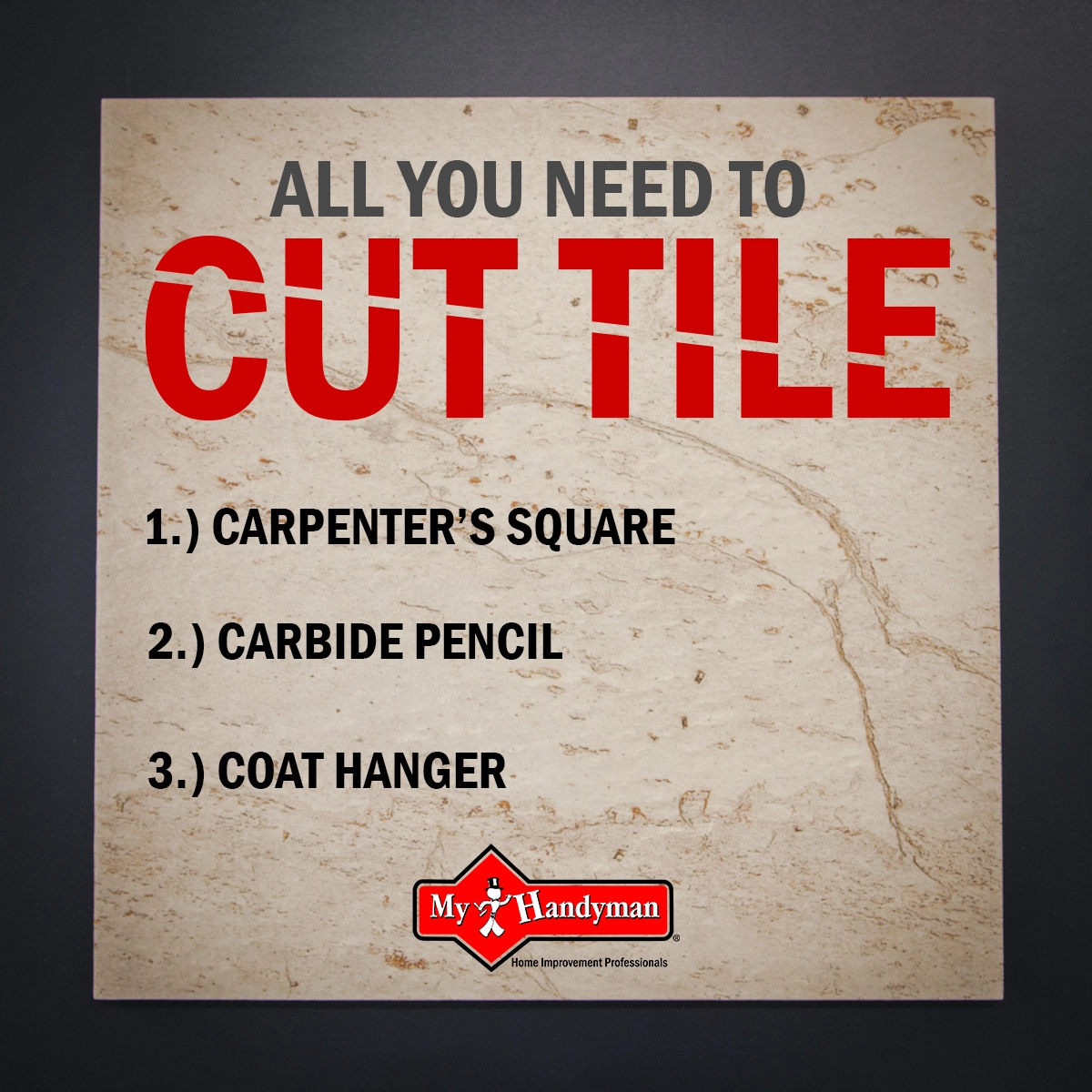 List of everything you need to cut tile on a tile, Mr. Handyman icon on the bottom.