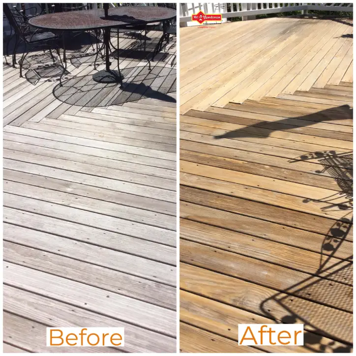 A worn, weathered, gray deck and the same deck with clean boards after Mr. Handyman has completed pressure washing.