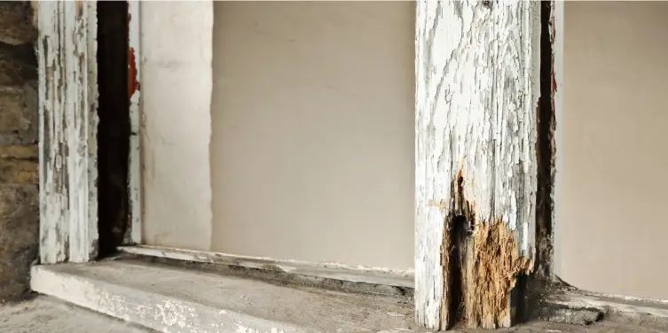A close up of a rotten window sash that requires professional wood rot repair services.