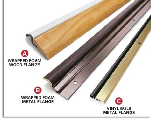 Different weather stripping seal strips for doors, including a wrapped foam wood flange and a wrapped foam metal flange.