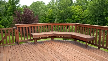 Redwood deck with built-in deck bench.