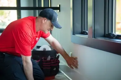 A Mr.Handyman service professional takes a look at a wall. His tools are beside him.