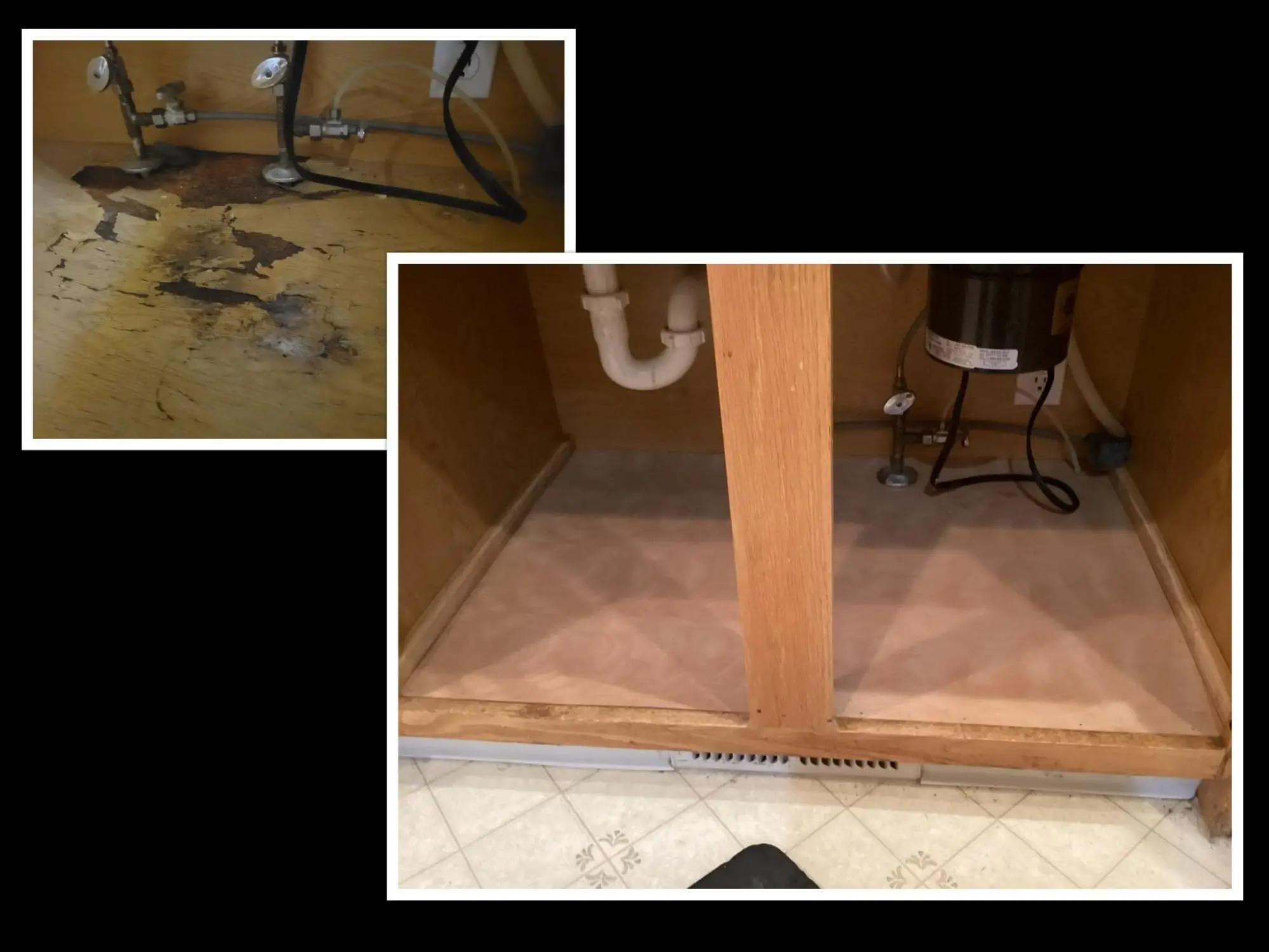 A client testimonial image of a a before image of a water damaged wooden cupboard under the sink and an after image of the repaired wood.