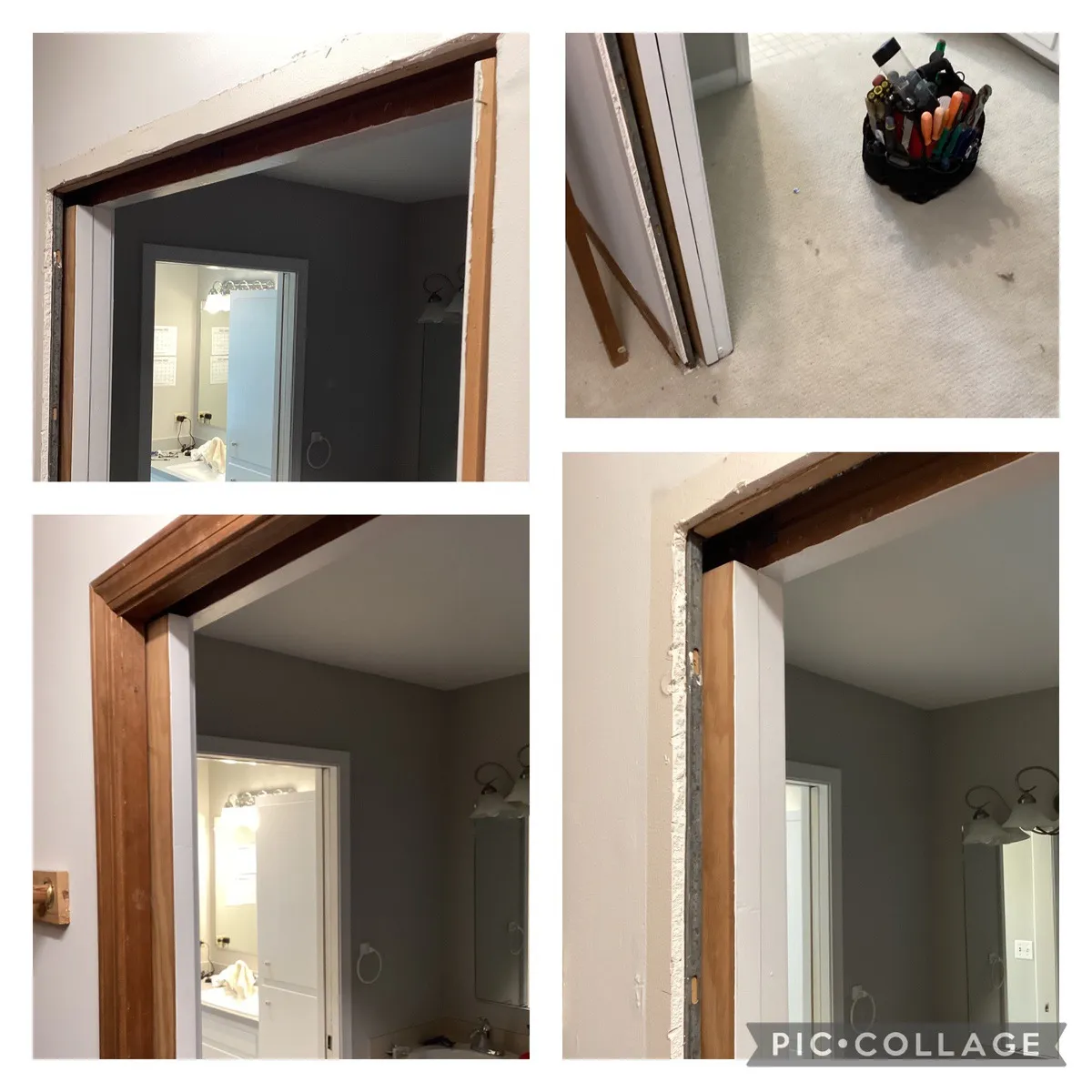 Mr. Handyman installed a brand-new door frame during a trim replacement service for a client’s bathroom