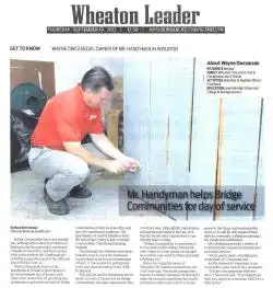 Front page of Wheaton Leader featuring Mr. Handyman of Wheaton-Hinsdale story.