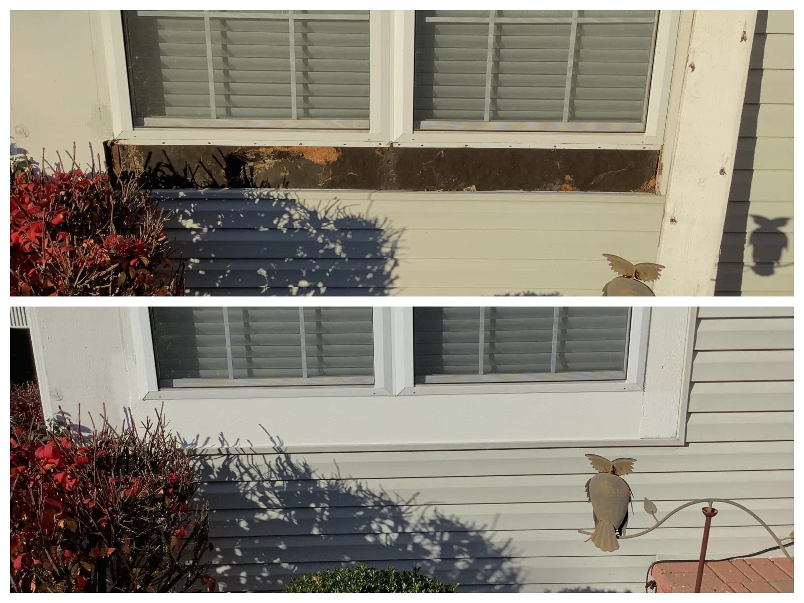 The client’s damaged exterior bottom window frame has been removed and replaced with a brand-new trim board during trim repair in Wheaton, IL