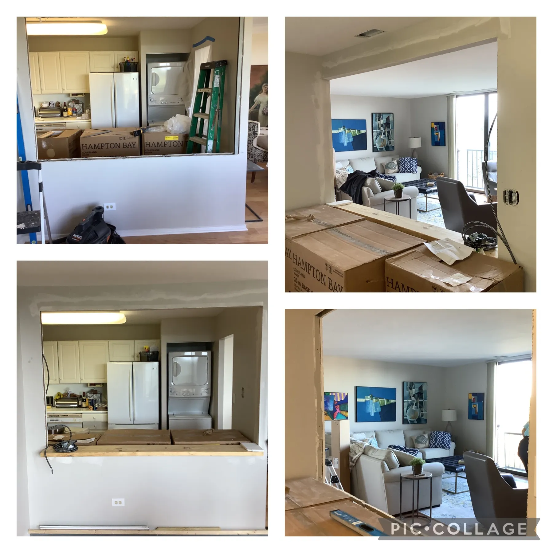 Before and after photo showcasing wall opening for kitchen in Wheaton home by Mr. Handyman.
