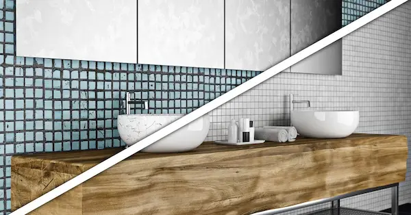 Before and after photo showcasing a bathroom renovation performed by Mr. Handyman.