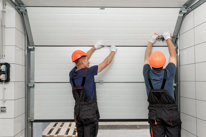 Mr. Handyman pros fixing a garage door.
