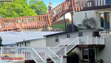 Before and after of a professionally restored deck and clean patio in Upper Fairfield County by Mr. Handyman