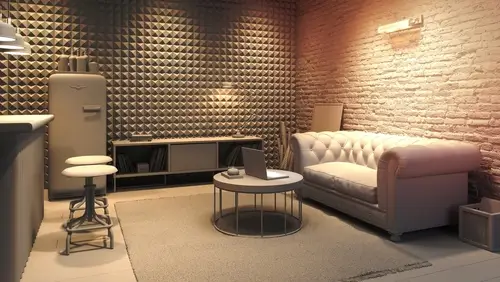 Modern living room interior with foam soundproofing on one wall