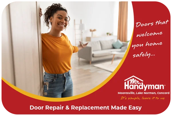 Young woman opening the front door of her home.