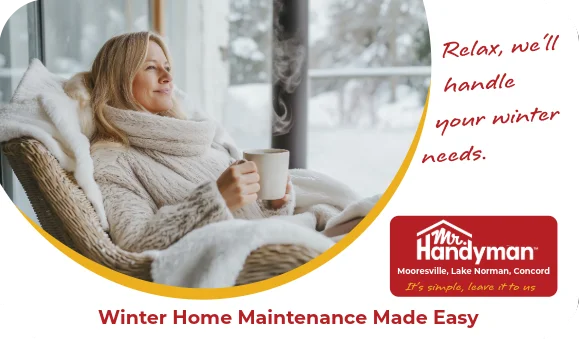 Woman relaxing indoors with a hot drink on a snowy day.