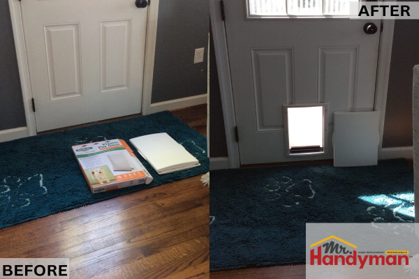 Before and after pet door installation by Mr. Handyman in a compact Martinsburg home, showing energy-efficient design for small-space living