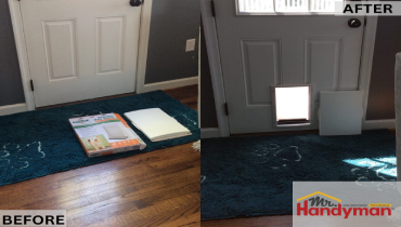 Before and after pet door installation by Mr. Handyman in a compact Martinsburg home, showing energy-efficient design for small-space living