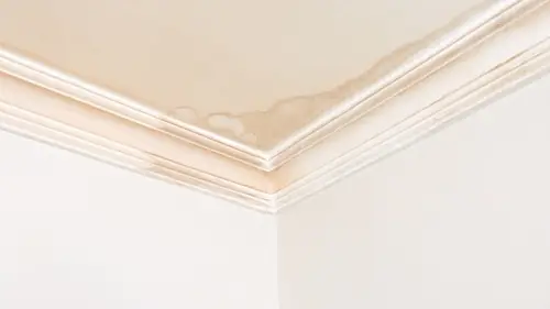 Close-up of corner of the ceiling with brown water stain